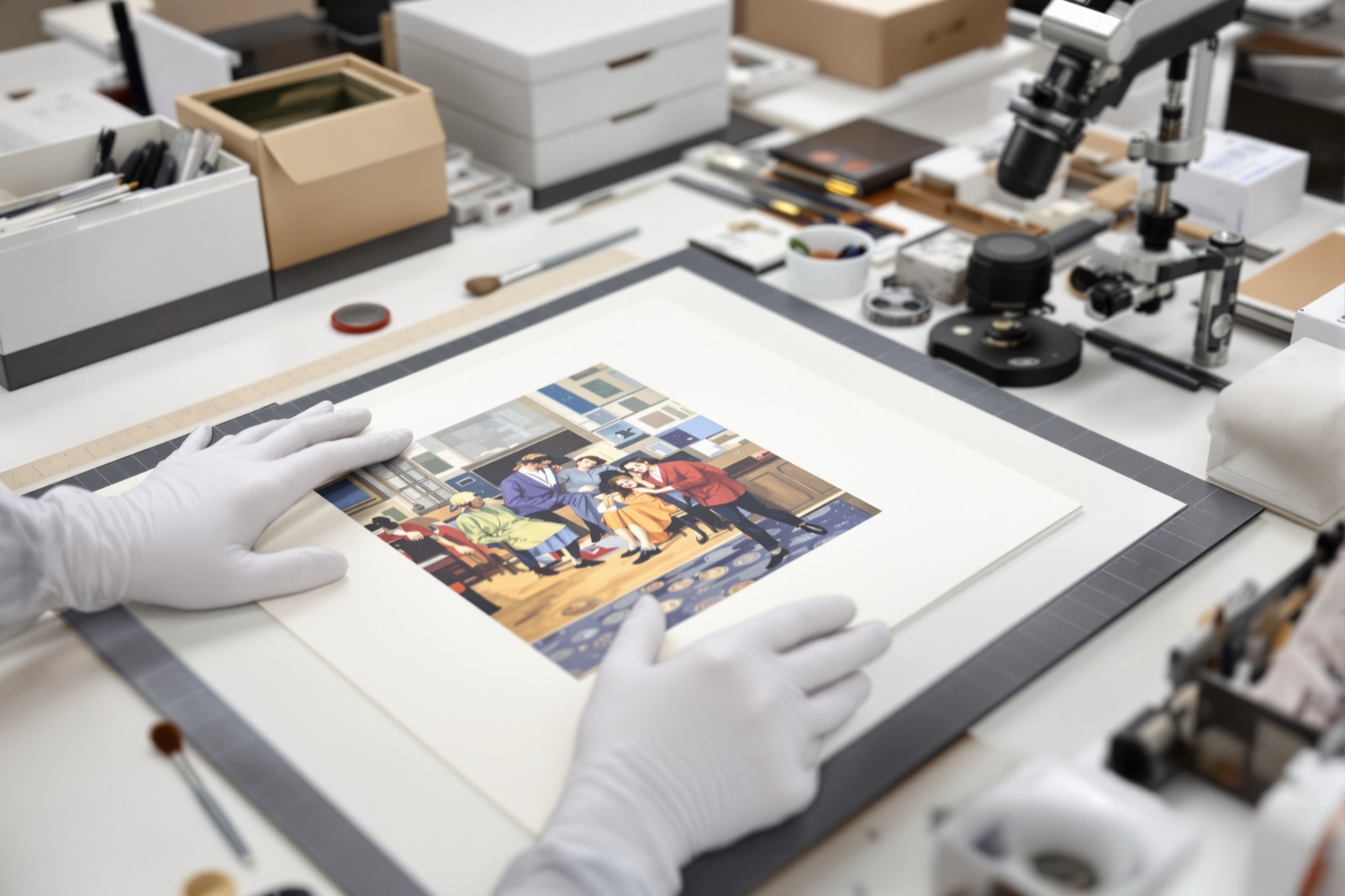 Gloved hands placing vintage artwork into an archival mat on a conservator's workbench