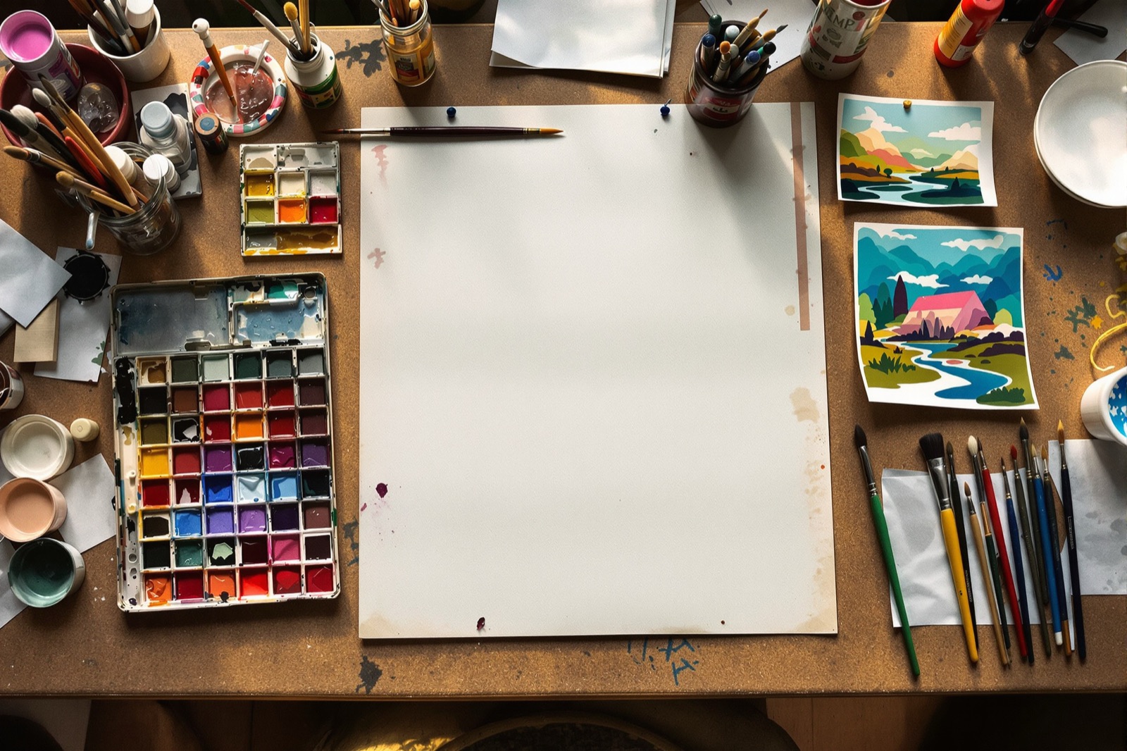 Watercolor palette and mid-century concept paintings on a worktable