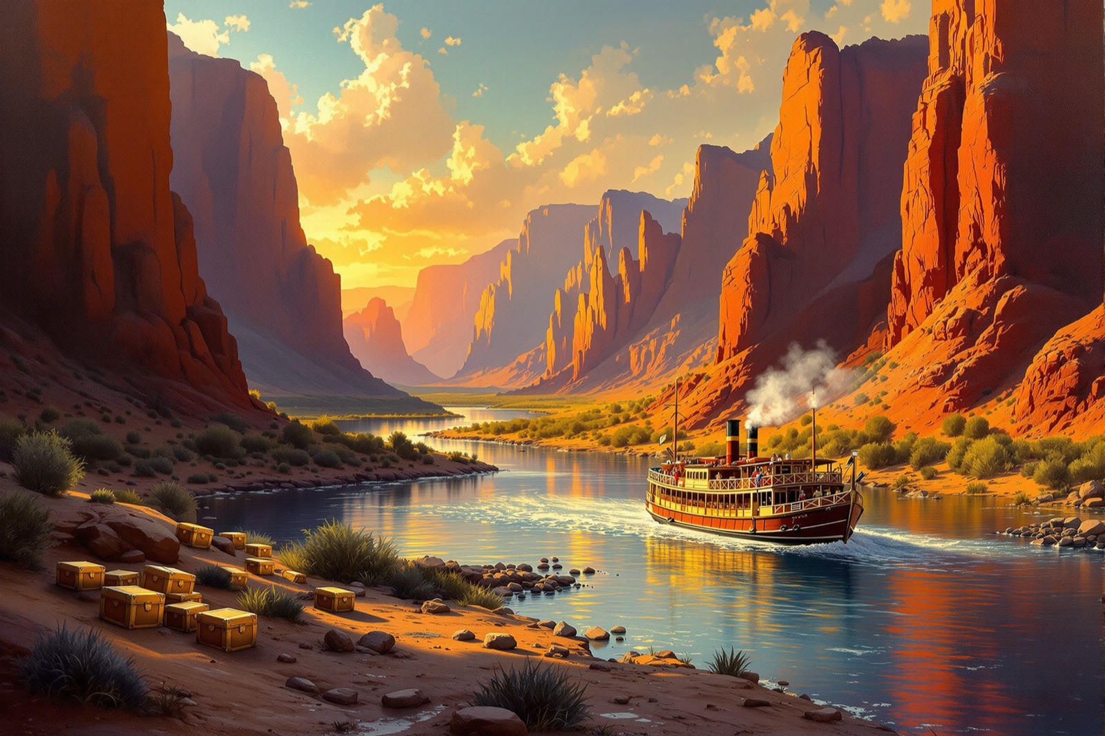 Oil painting of a gold-rush river canyon with a paddle steamboat and treasure chests at sunset