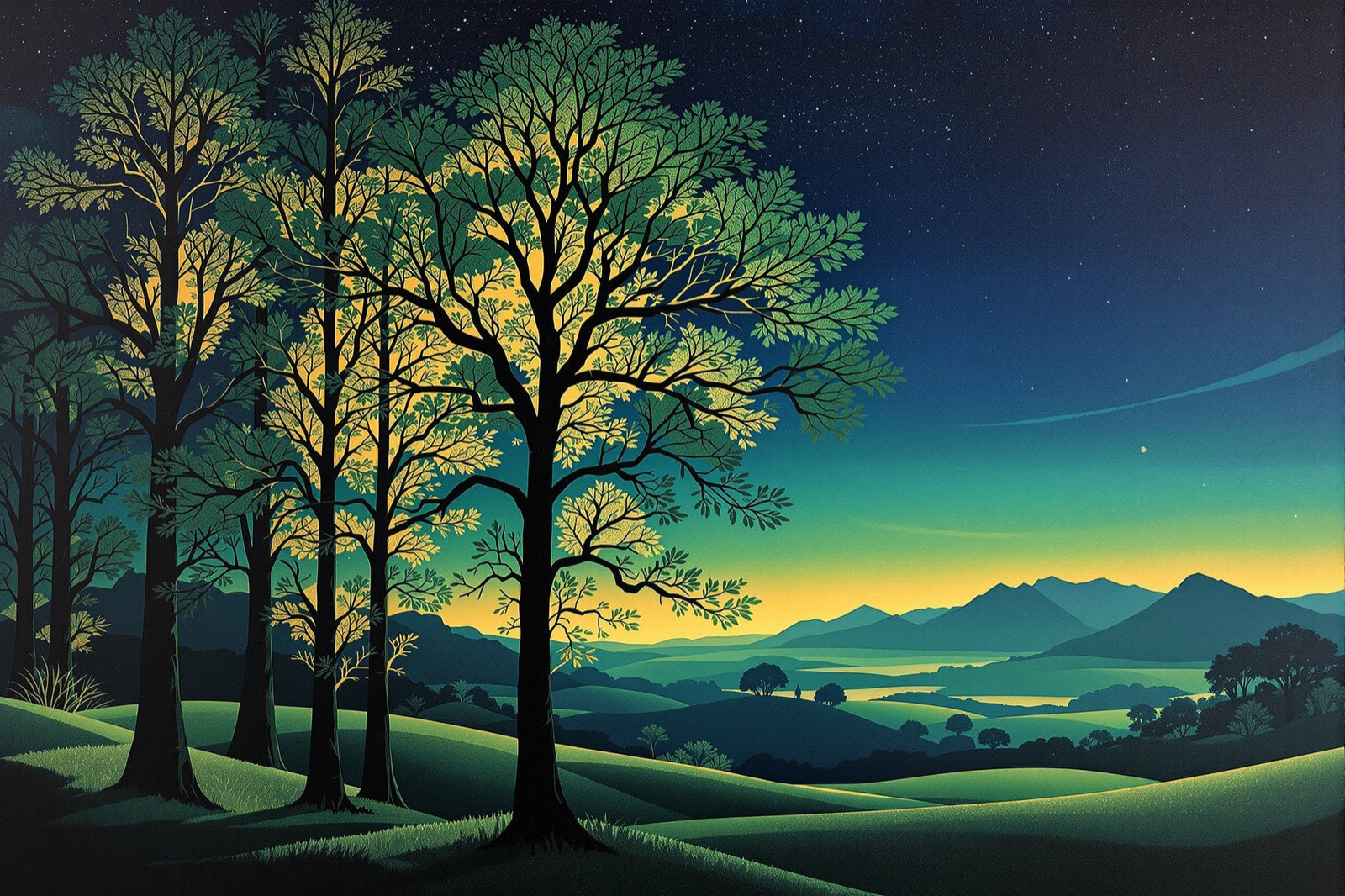 Stylized mid-century landscape painting of geometric trees against a twilight sky