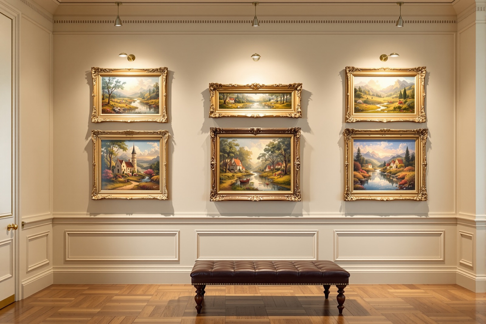 Private gallery wall of framed vintage watercolor paintings under museum lights