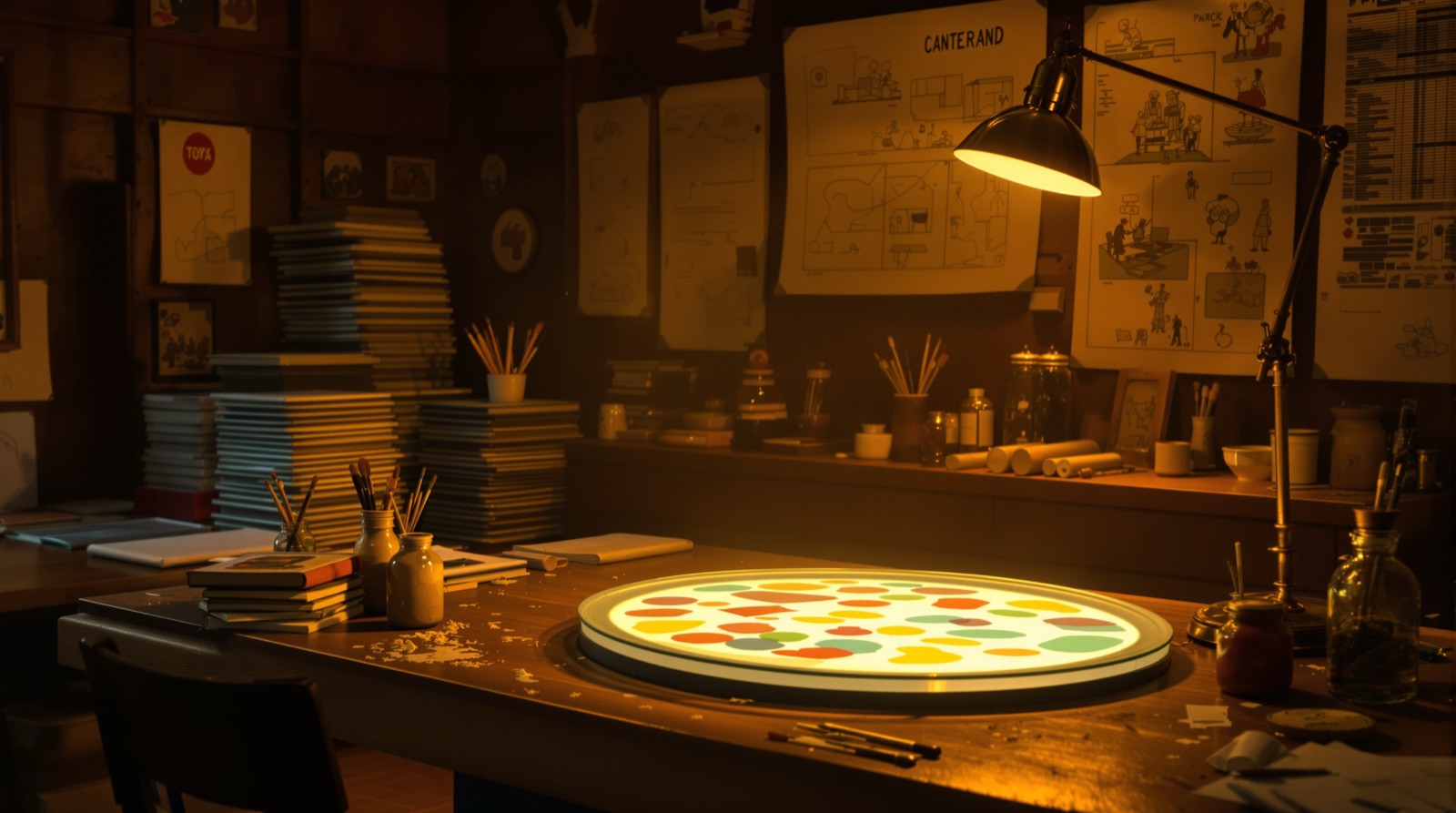Vintage animation studio desk with light table and stacks of hand-painted celluloid sheets