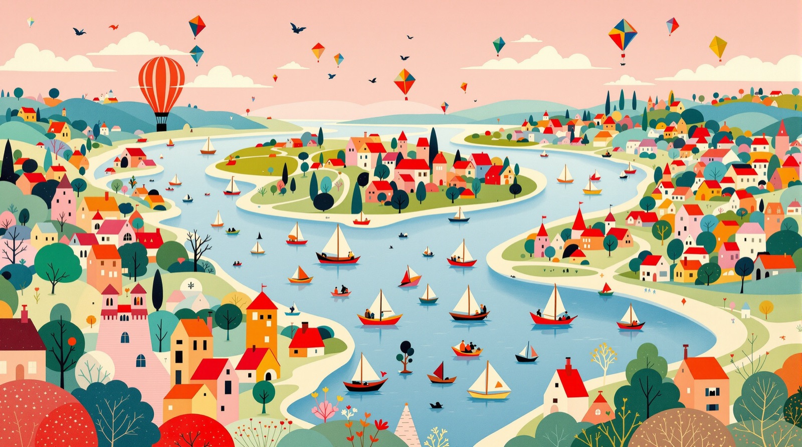 Mid-century modernist panoramic painting of colorful houses of many lands connected by a river