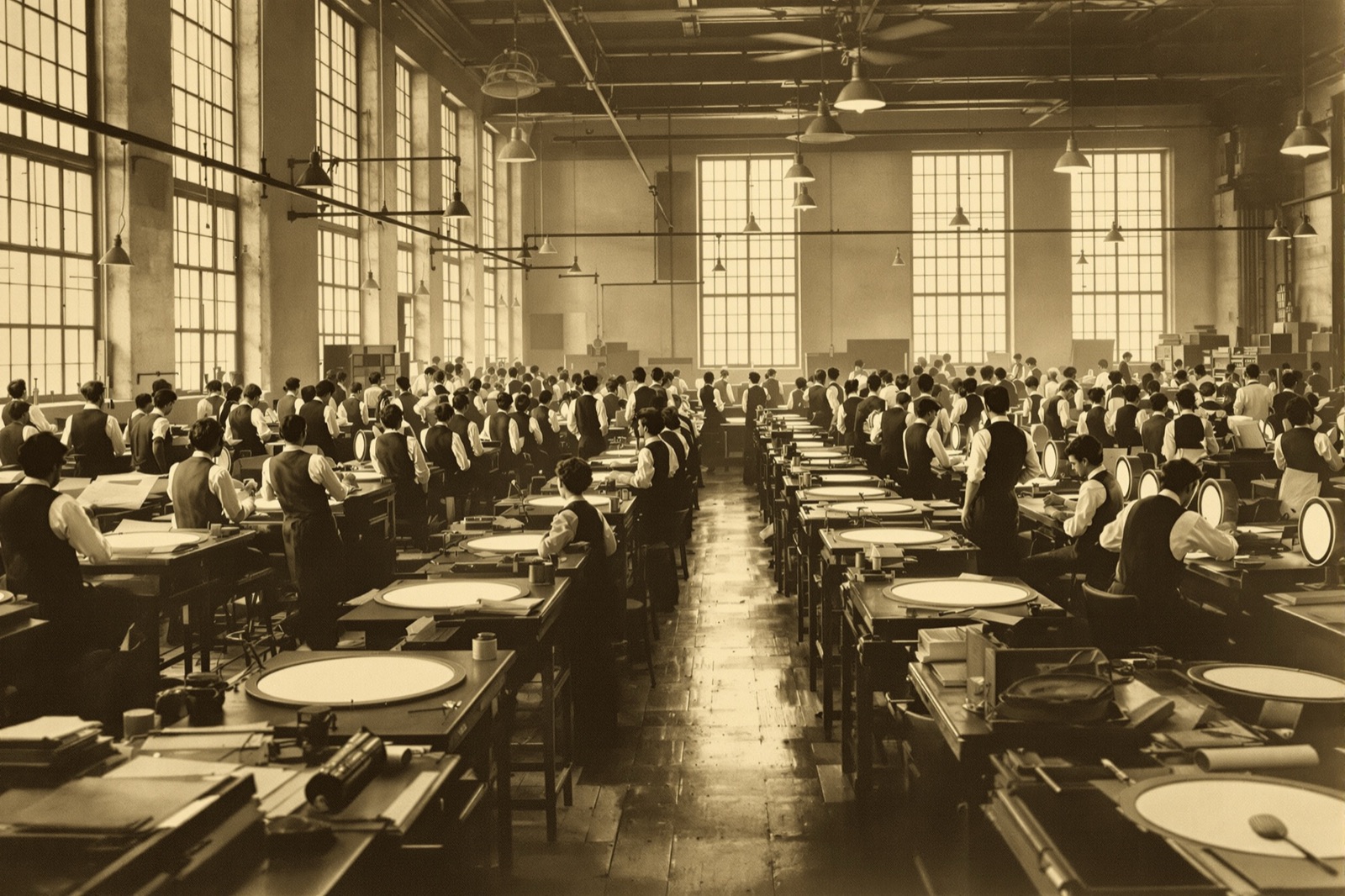 Rows of animation desks in a 1930s studio bullpen with tall industrial windows
